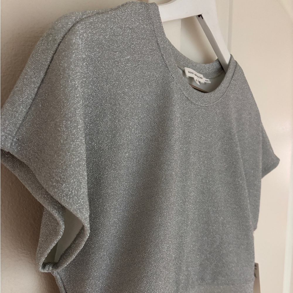 Good American Sparkle Crop Cover-Up Tee, Silver Short Sleeve Crewneck Size 4 - Picture 9 of 11